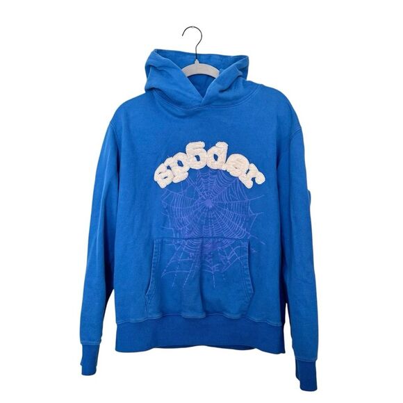 Sp5der Hoodie OG Web Classic Blue White Pullover Young Thug size L, Blue